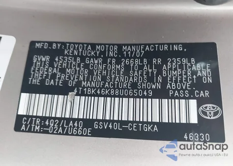 2008 Toyota Camry Xle V6 z USA, uszkodzony, nr VIN 4T1BK46K88U065049